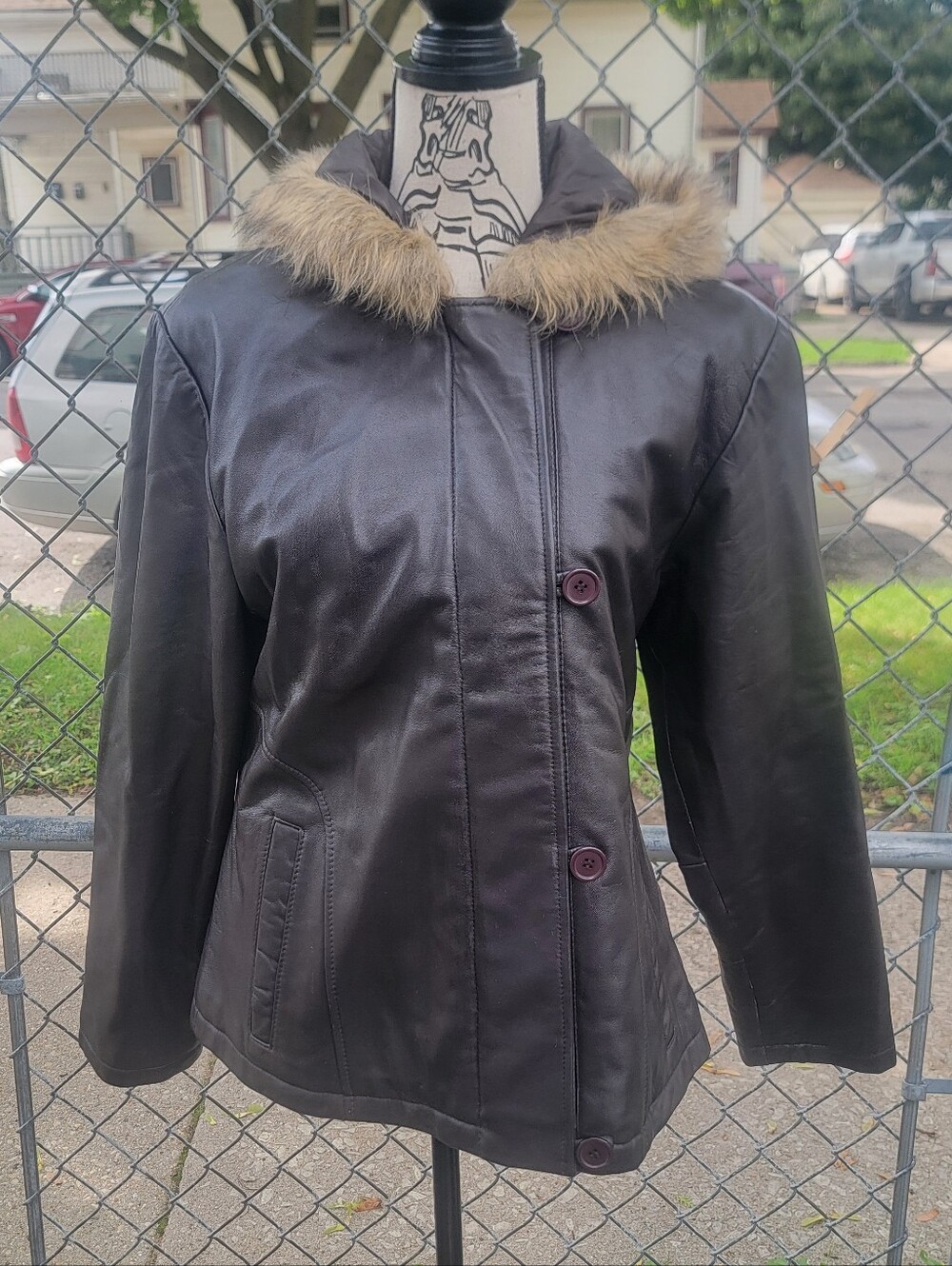 Vintage Leslie Fay Brown Genuine Leather Faux Fur Hood Jacket M Y2K